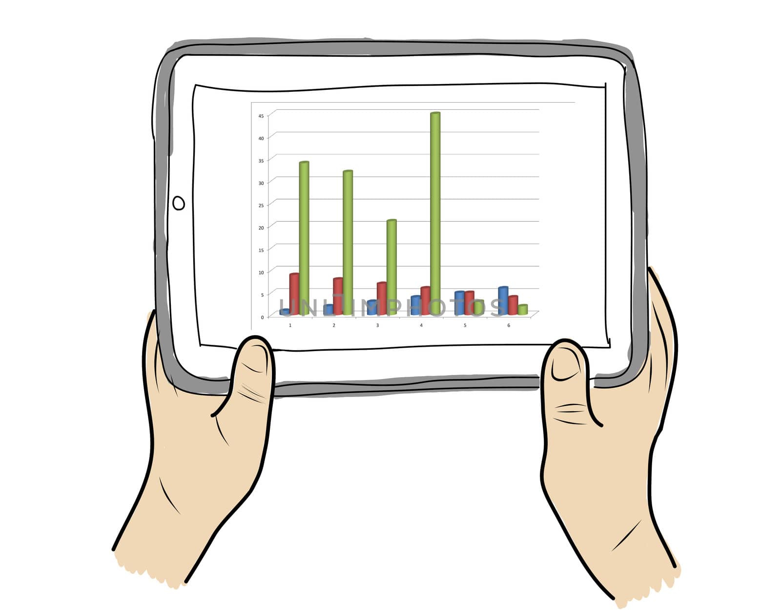 drawing  Tablet screen with graph on  hand
