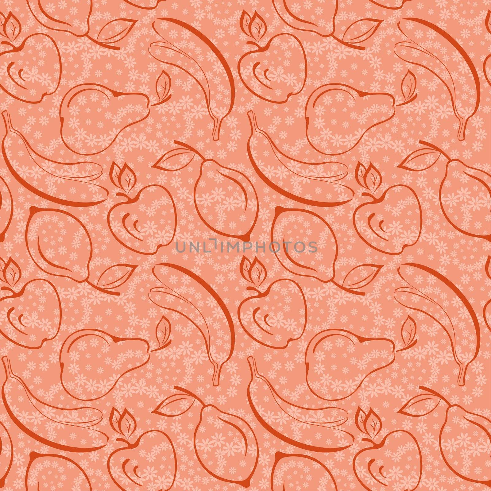 Seamless background, patterns from symbolical contour fruits and flowers.