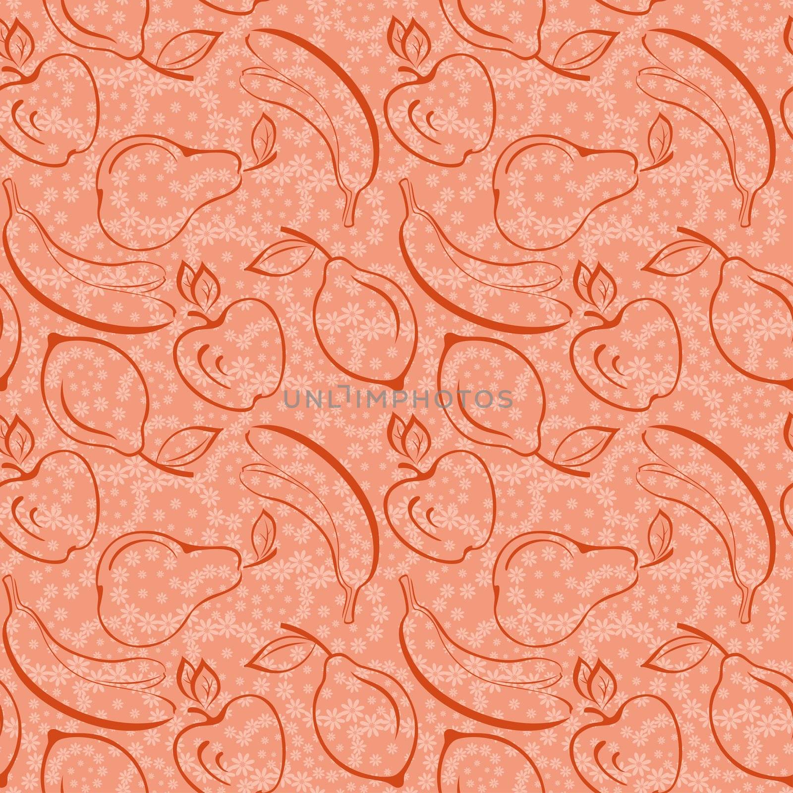 Seamless background, patterns from symbolical contour fruits and flowers.