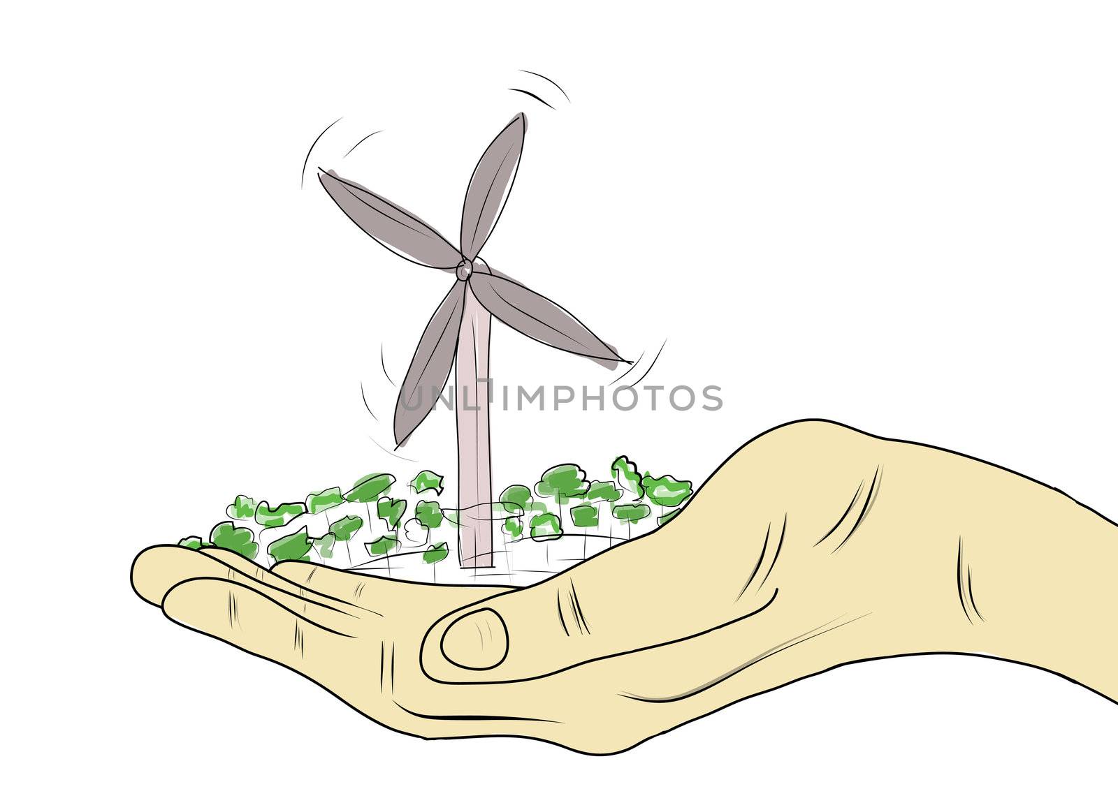 drawing ecology concept with hand which give wind power station