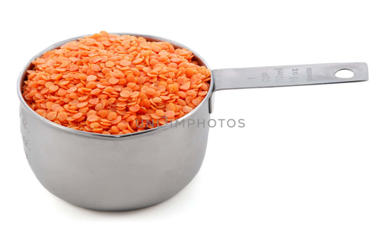 Red lentils presented in an American metal cup measure, isolated on a white background