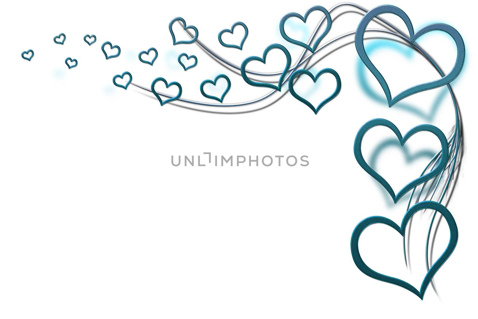 Valentines day background for your designs with turquoise hearts and swirls