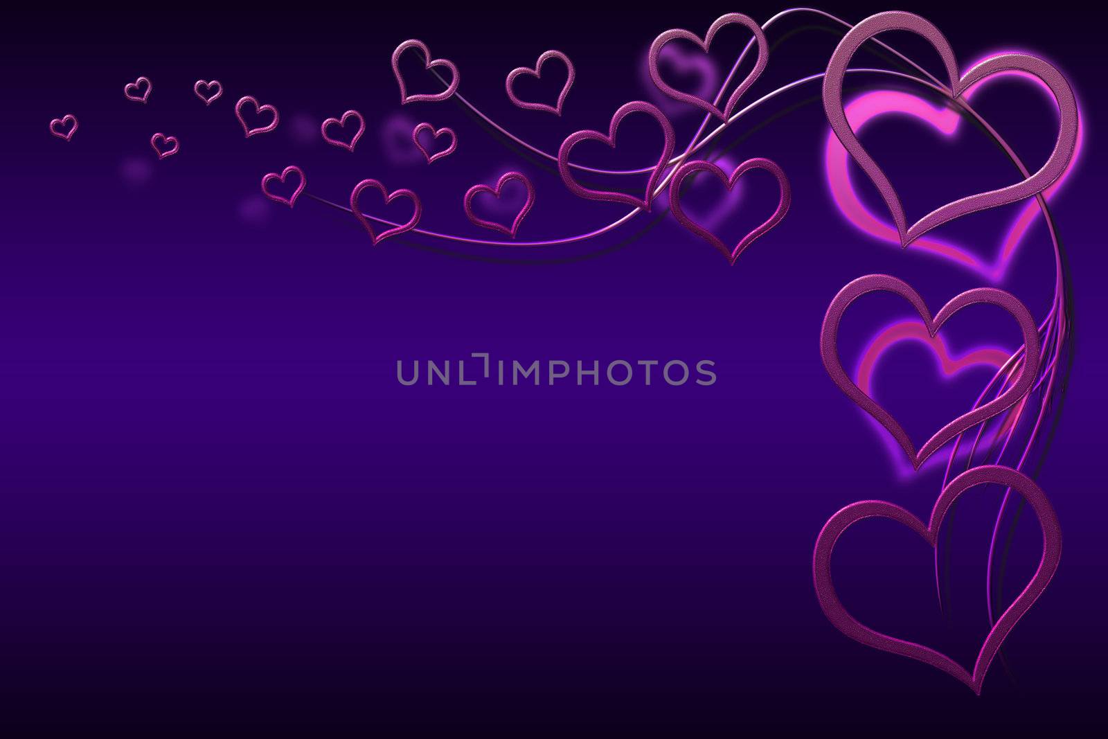 Valentines day background for your designs with pink hearts and swirls on purple background