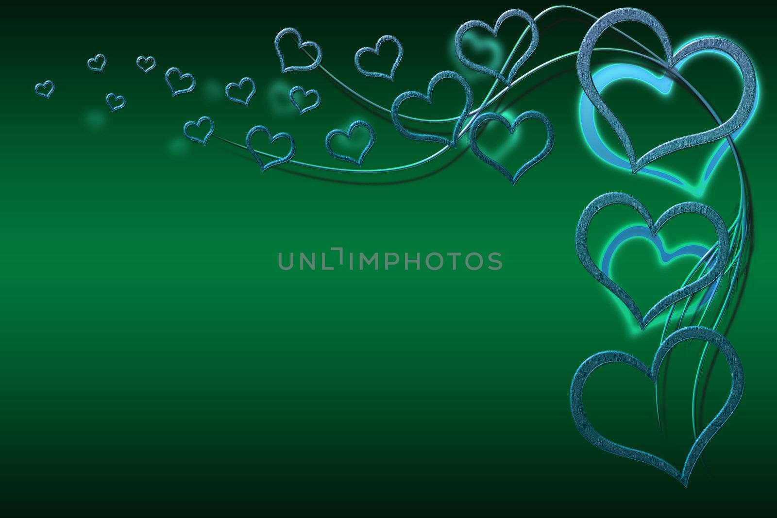 Valentines day background for your designs with turquoise hearts and swirls on green background
