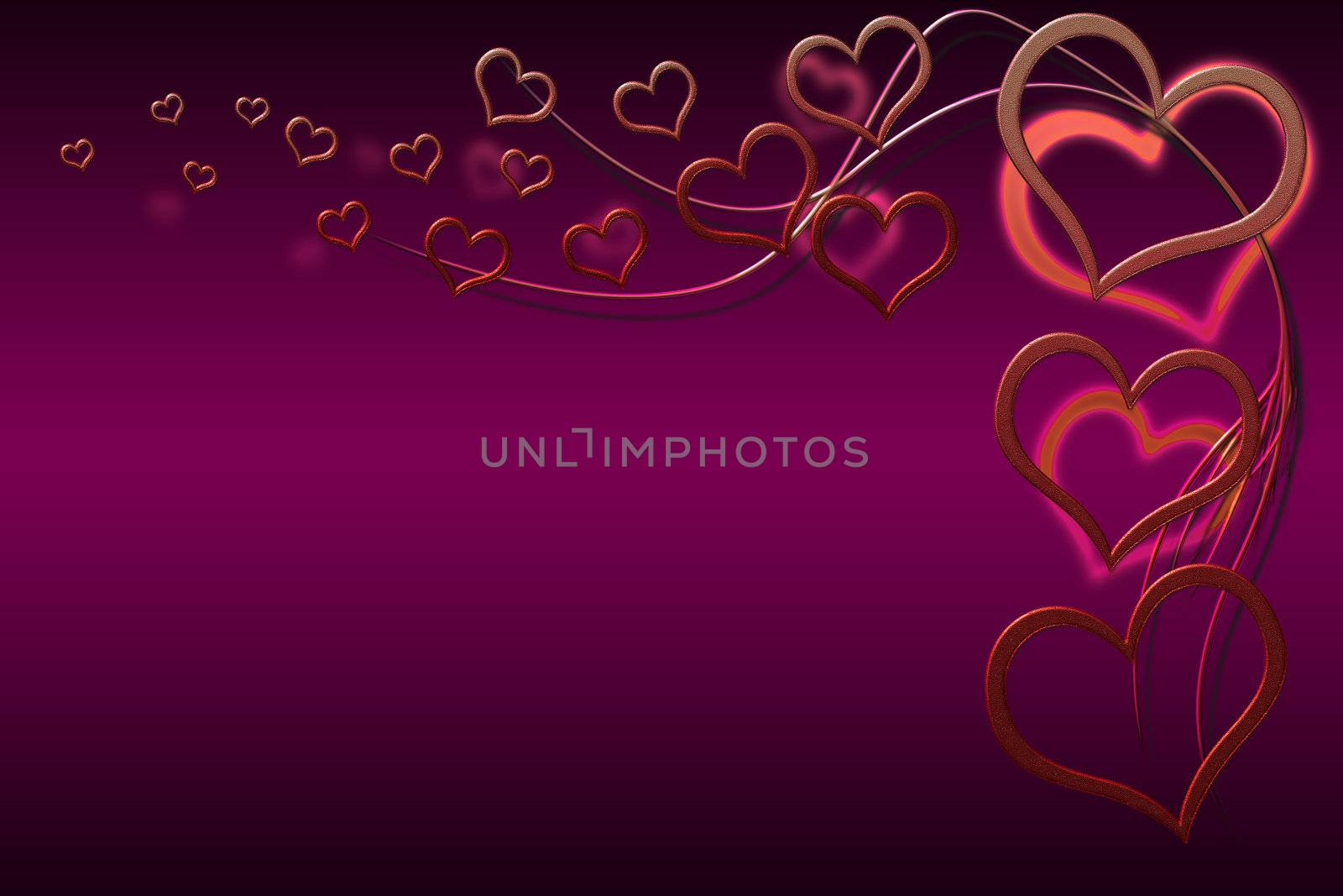 Valentines day background for your designs with red hearts and swirls on purple background