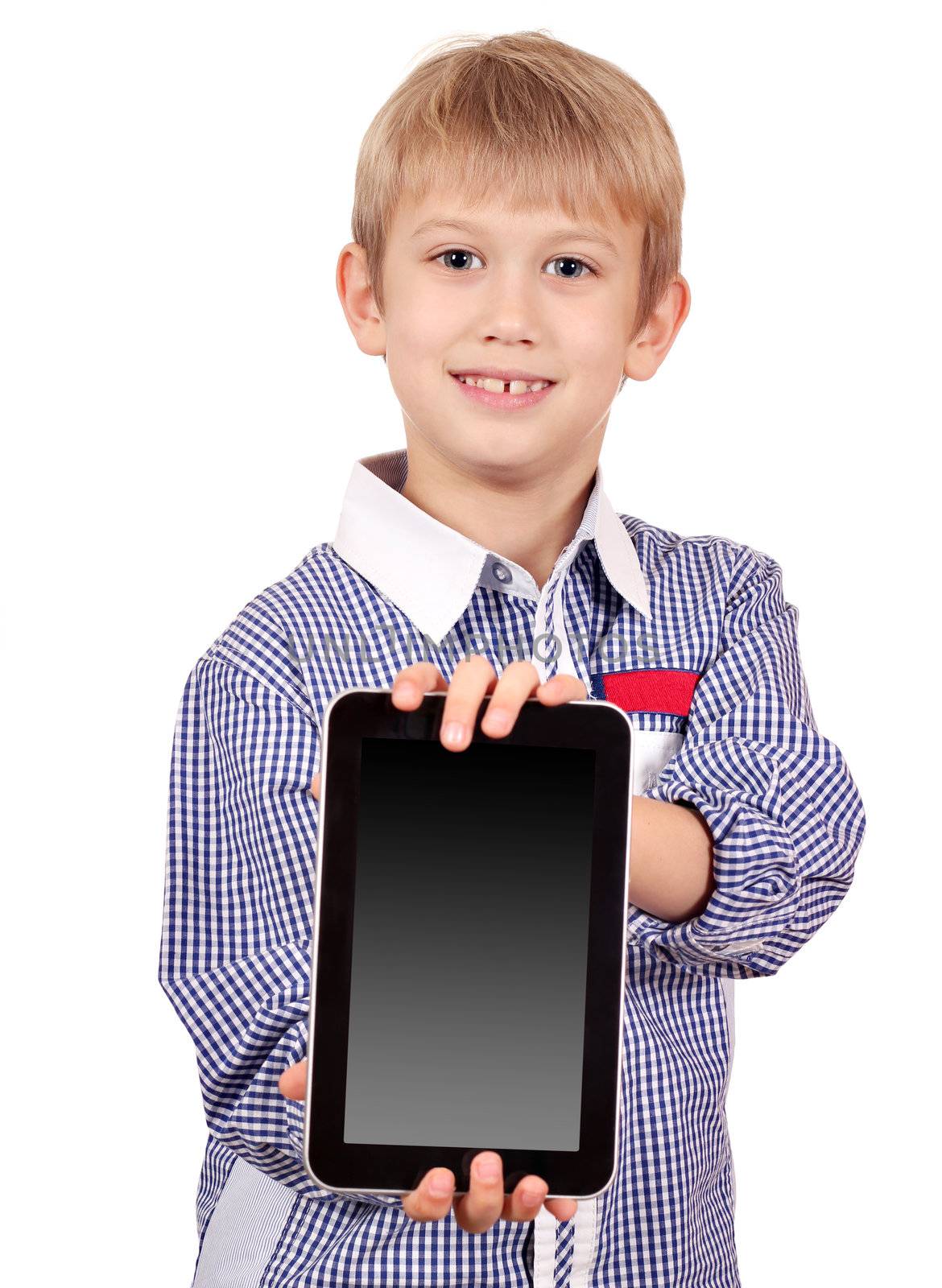 happy boy holding tablet pc