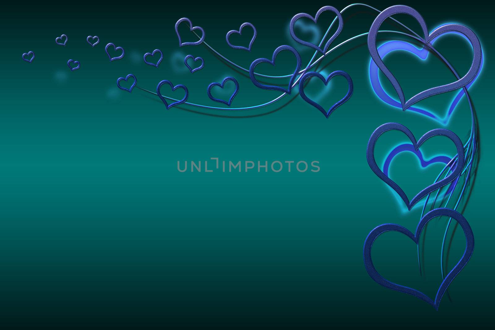 Valentines day background for your designs with blue hearts and swirls on green background