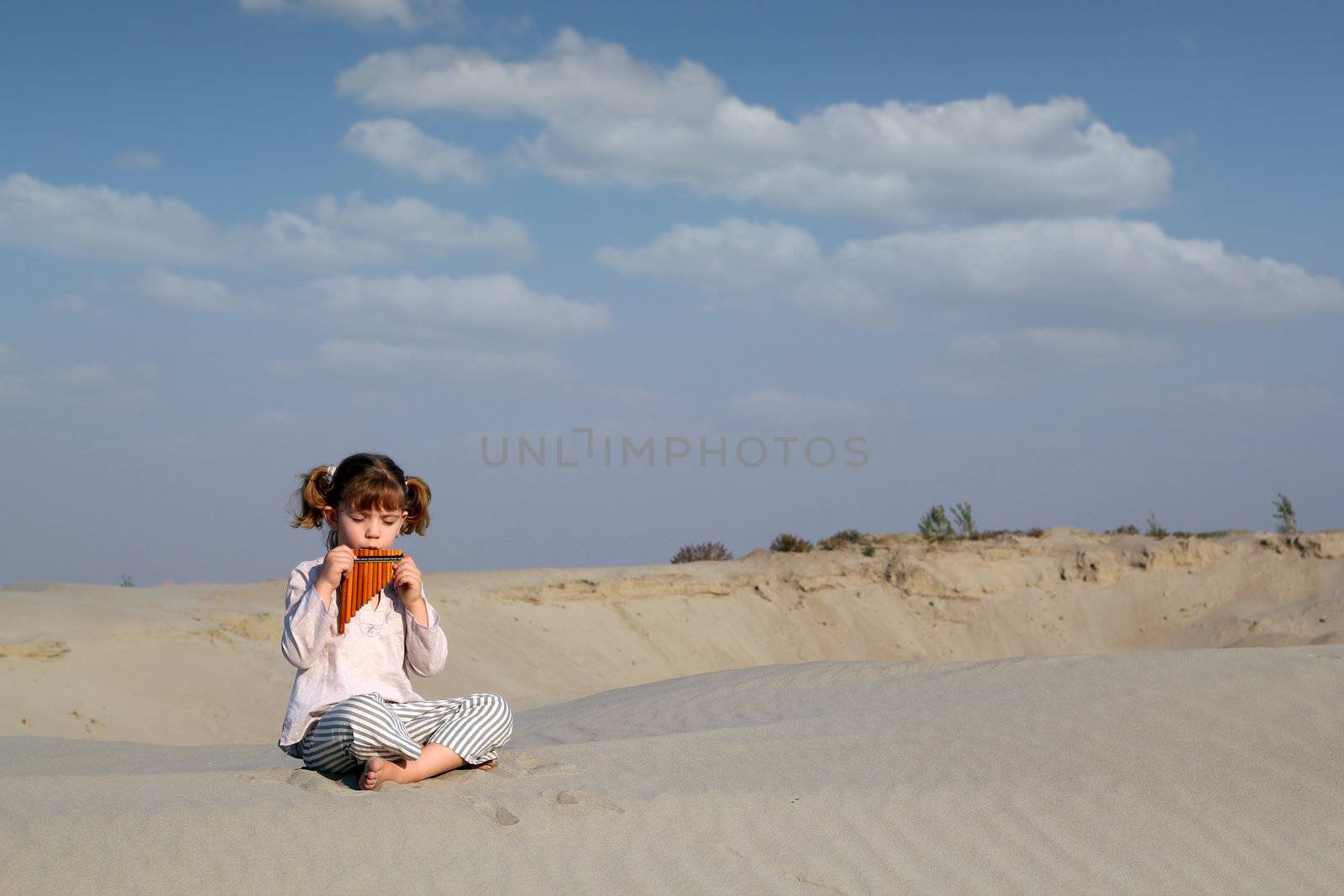 little girl play music on pan pipe