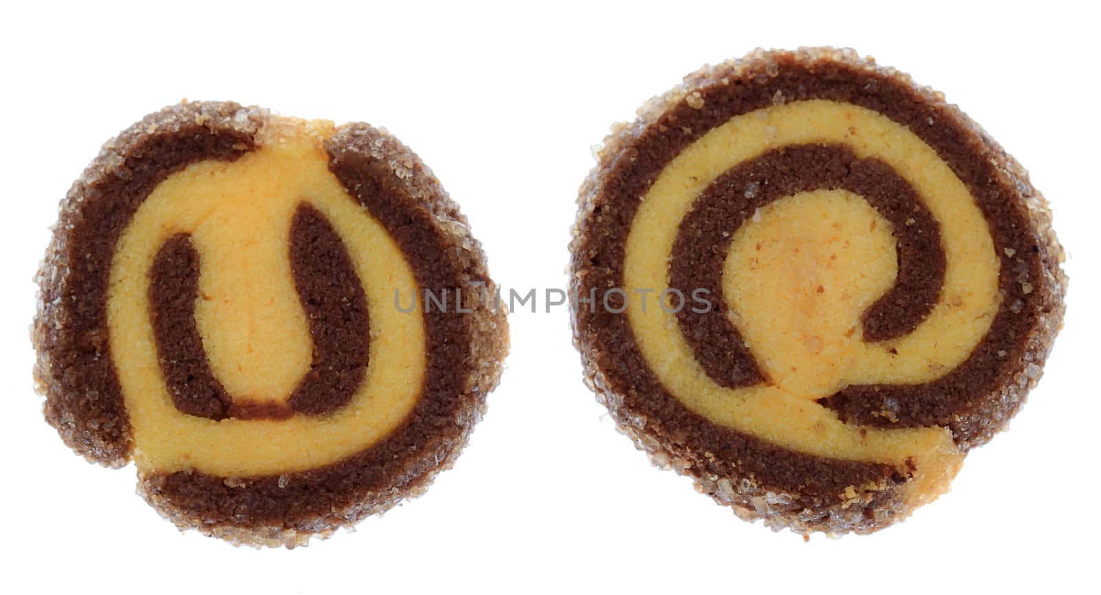 Two bicolor cookies isolated against a white background.