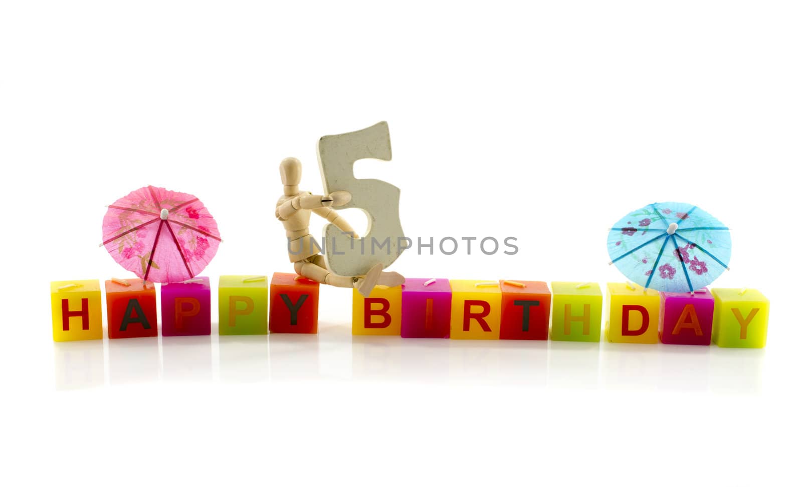 happy birthday candle letters with puppet and the number five