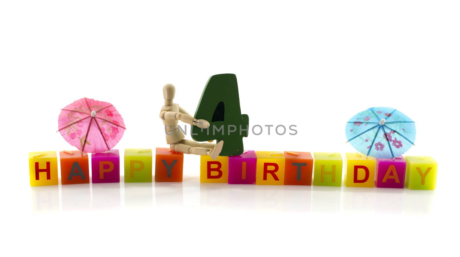 happy birthday candle letters with puppet and the number four