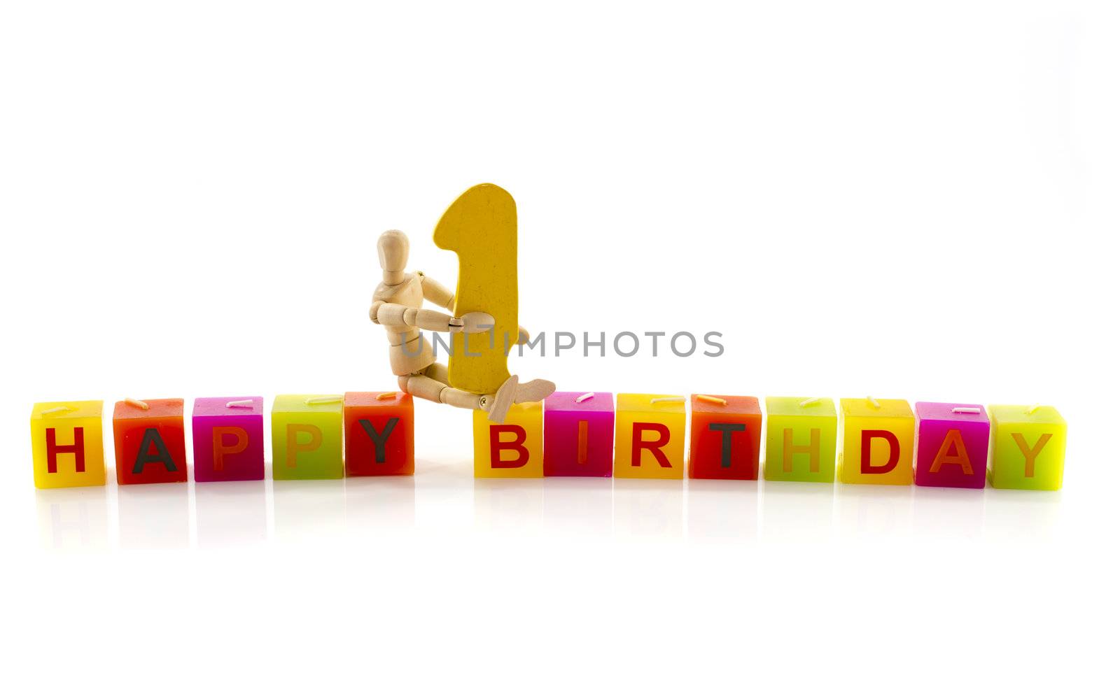 happy birthday candle letters with puppet and the number one