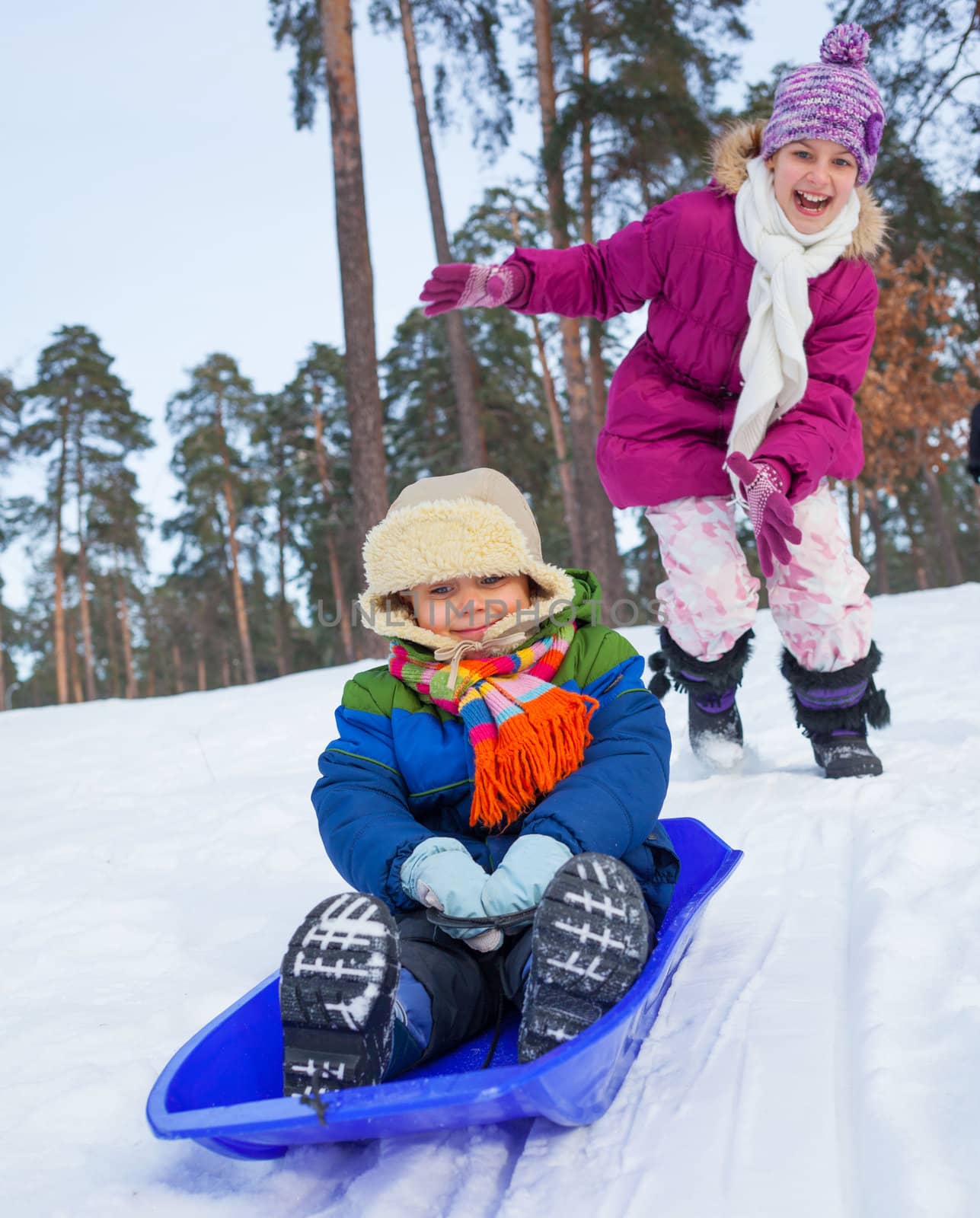 Cute sister and brother on sleds in snow forest. Focus on the boy