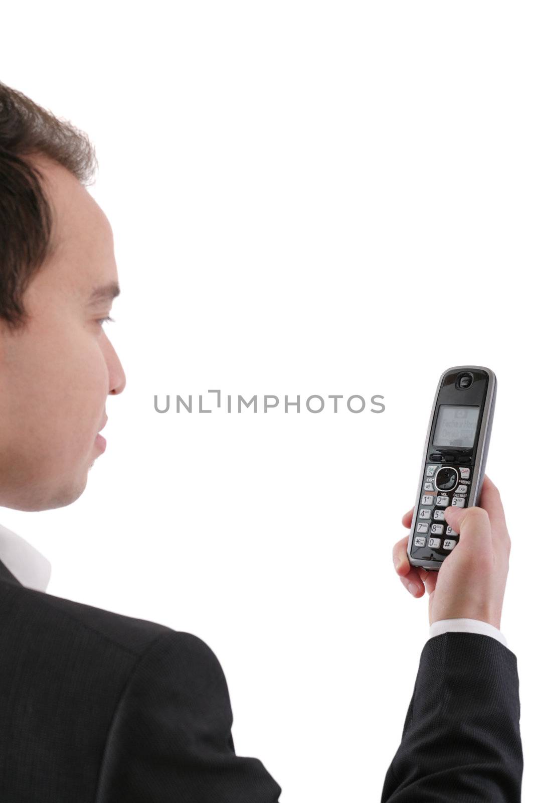 Back view of Caucasian man looking at phone. Focus in the phone