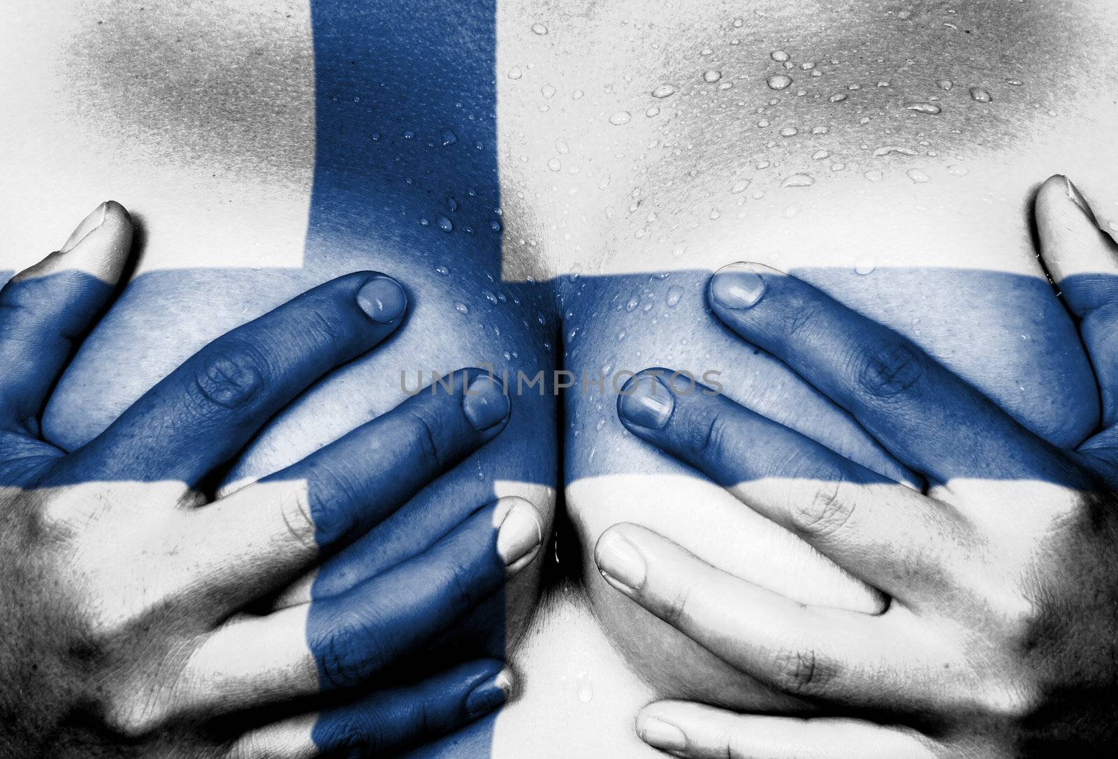 Sweaty upper part of female body, hands covering breasts, flag of Finland