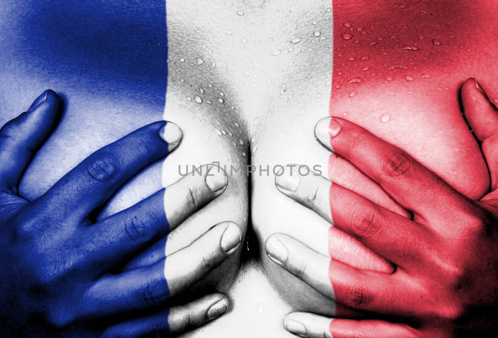 Sweaty upper part of female body, hands covering breasts, flag of France