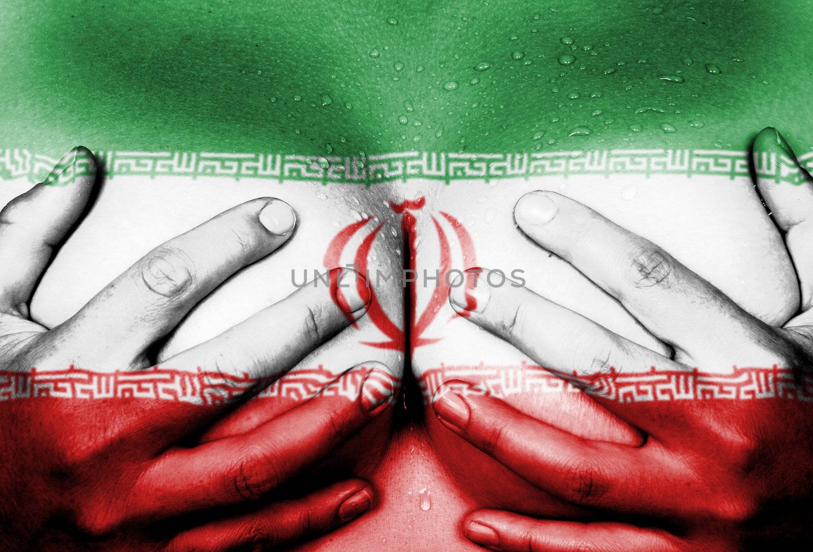 Sweaty upper part of female body, hands covering breasts, flag of Iran