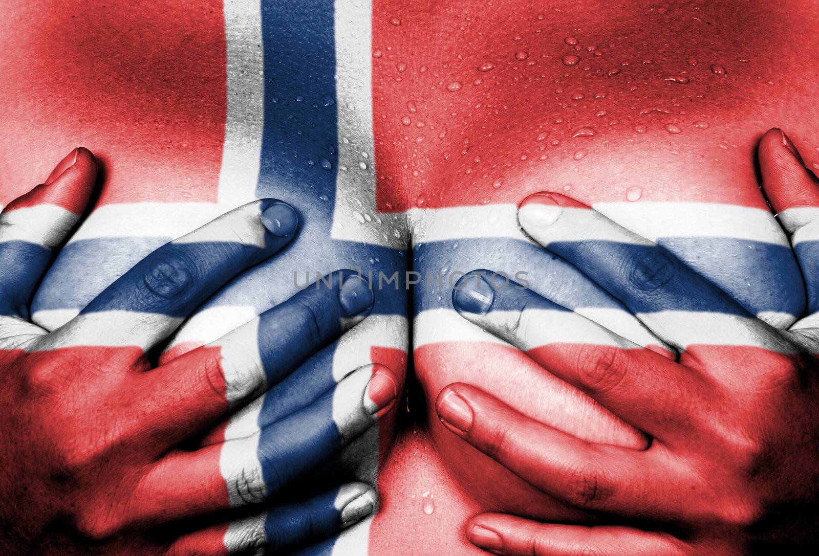 Sweaty upper part of female body, hands covering breasts, flag of Norway