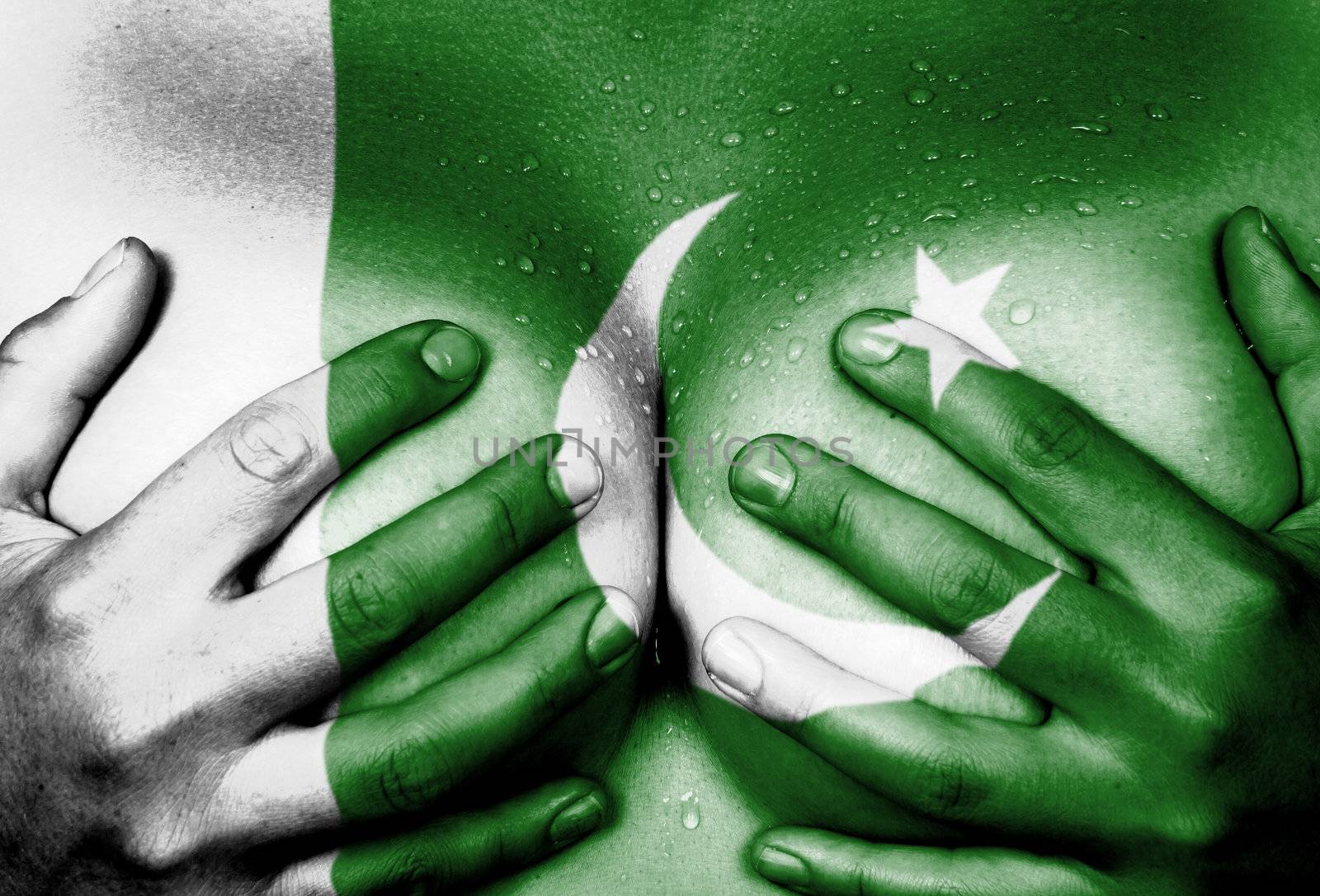 Sweaty upper part of female body, hands covering breasts, flag of Pakistan