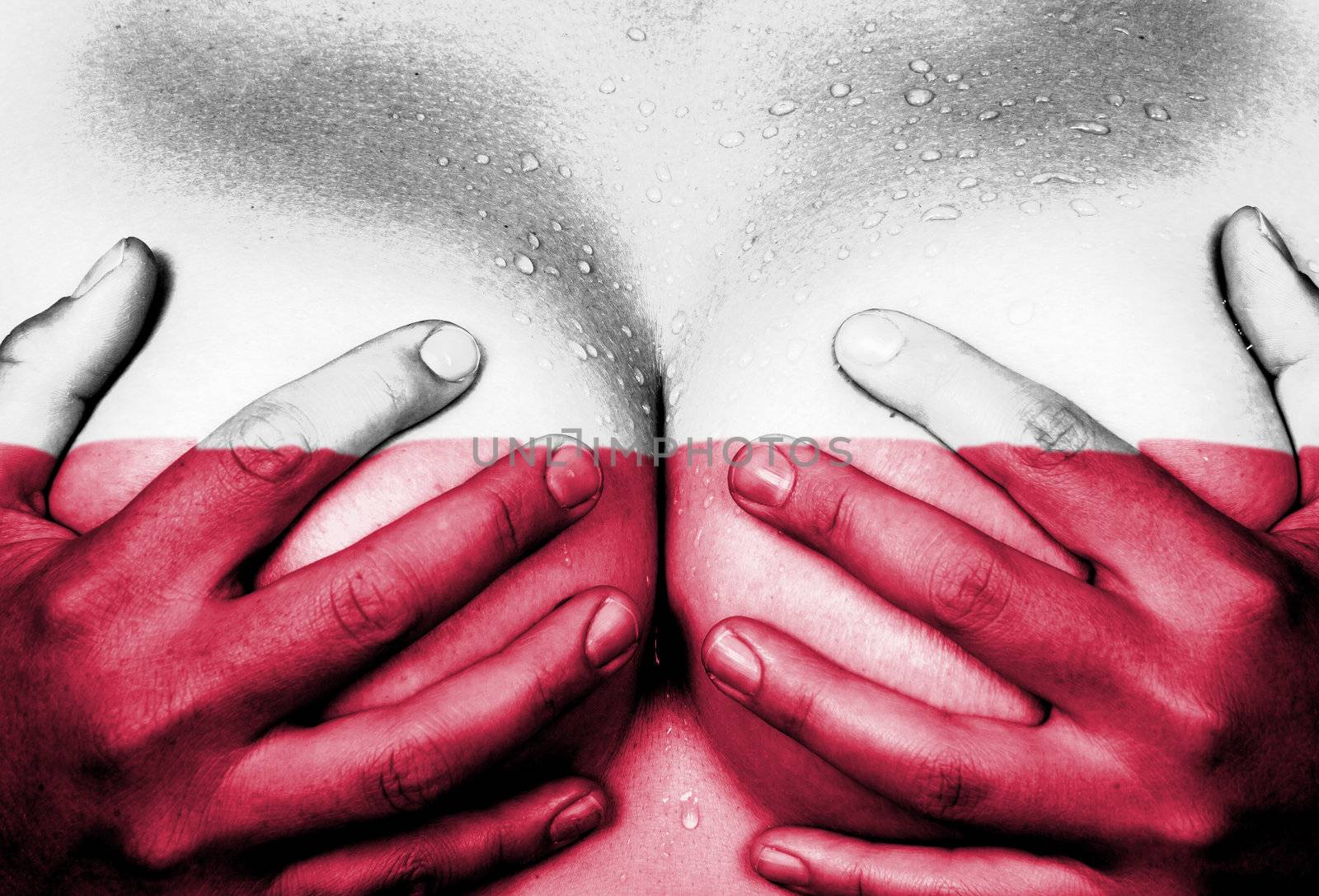 Sweaty upper part of female body, hands covering breasts, flag of Poland