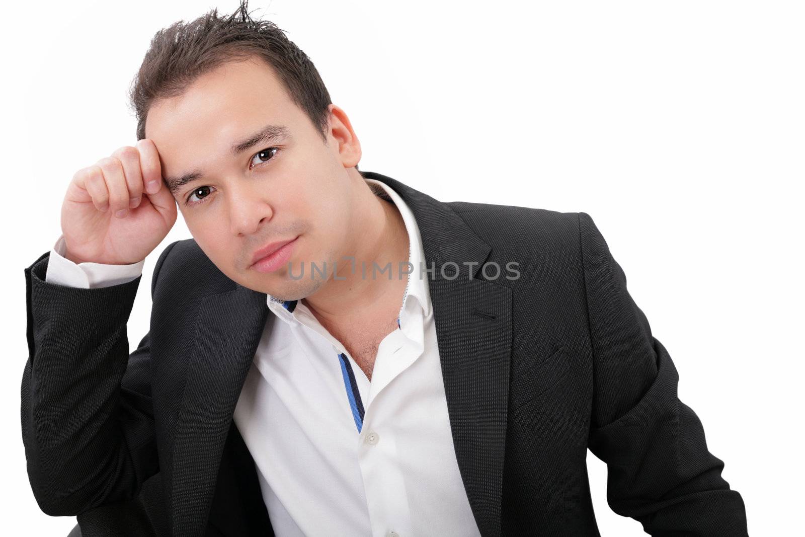 Picture of a pensive young businessman, isolated on white background