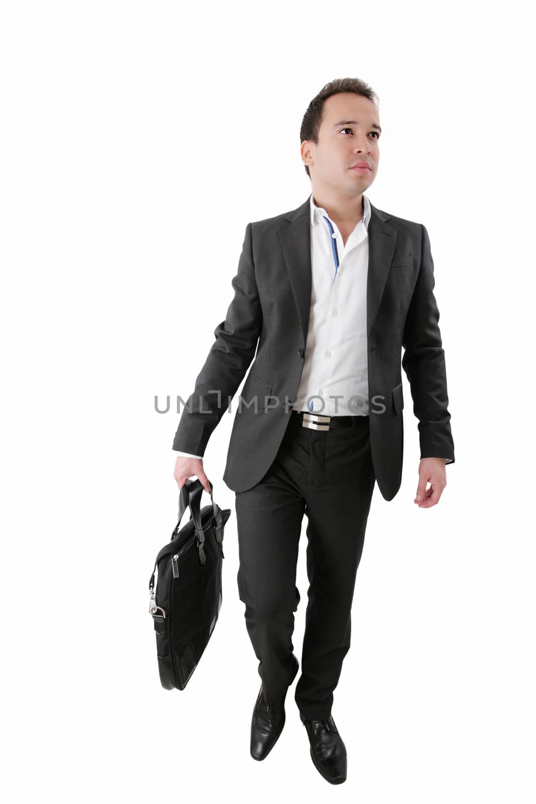 Portrait of a business man carrying a suitcase on white backgrou by dacasdo