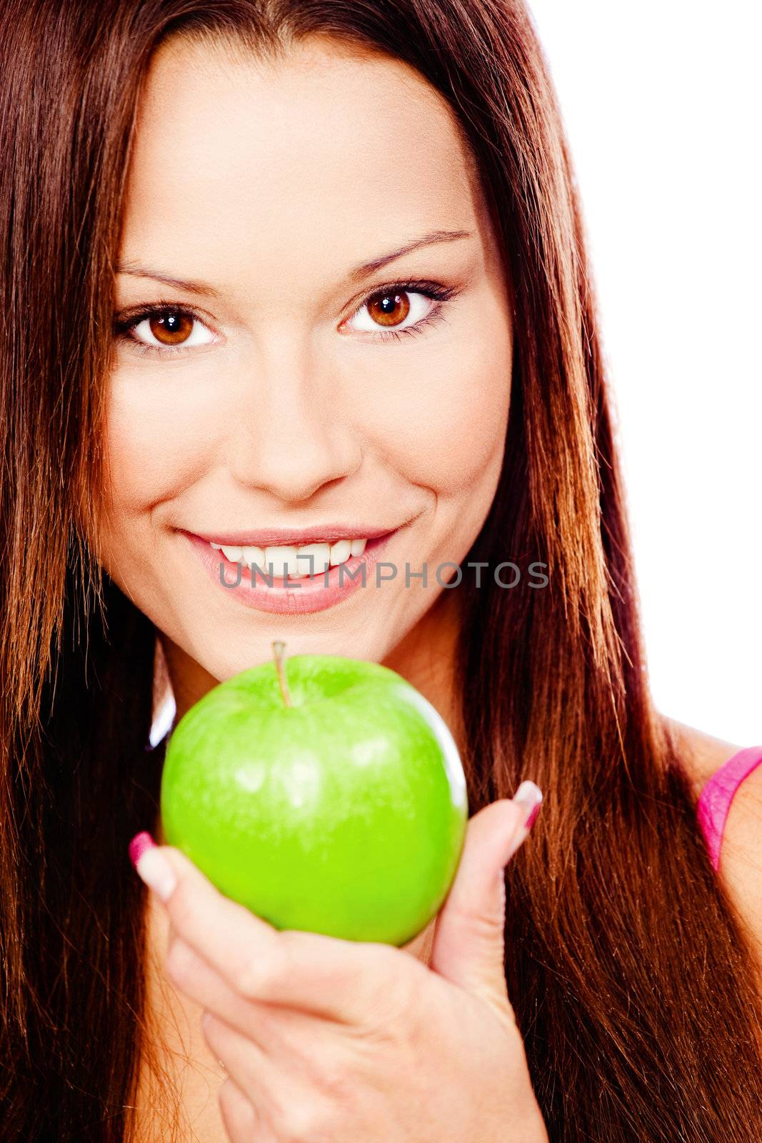 Happy woman with green apple, isolated on white