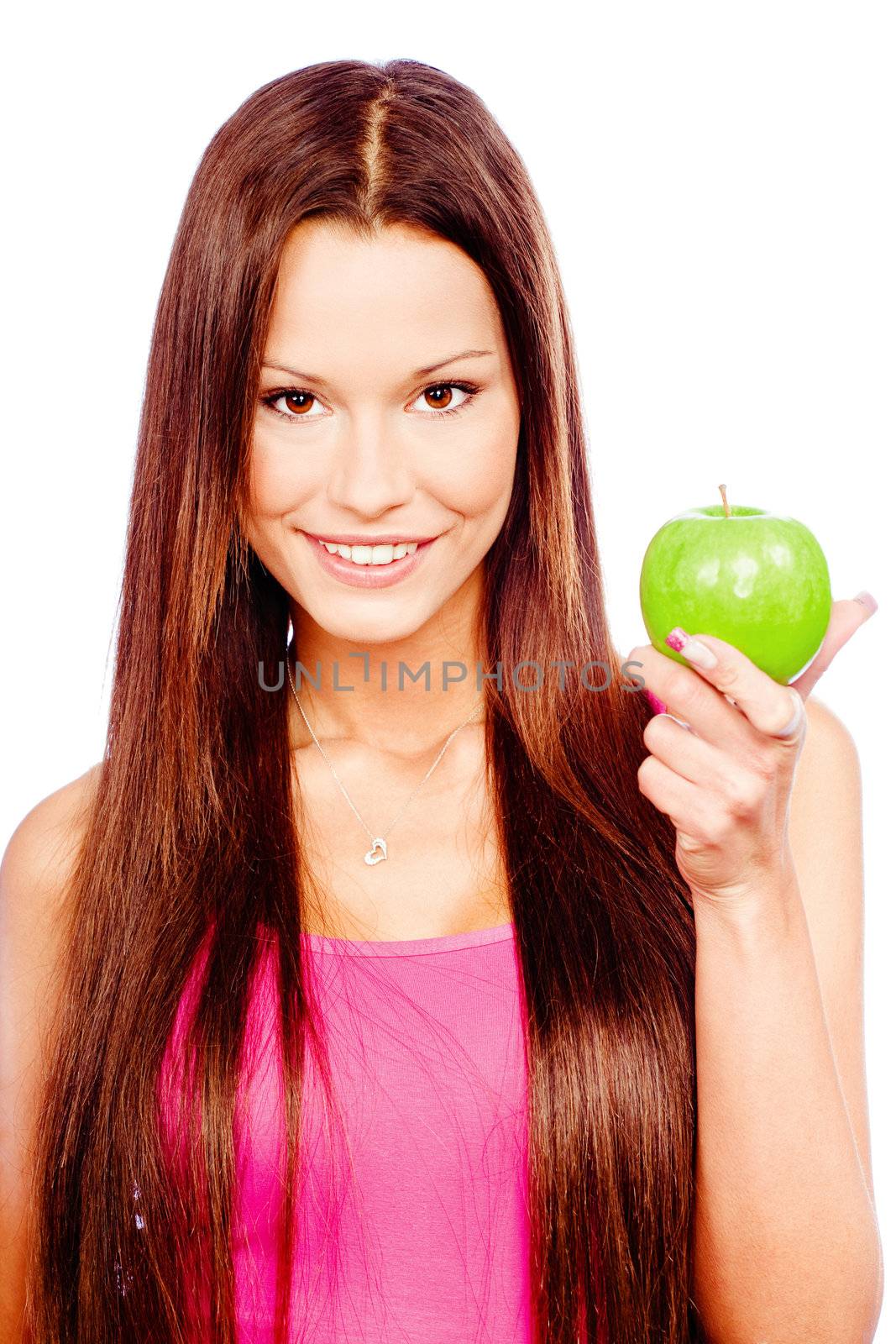 Happy woman with green apple, isolated on white