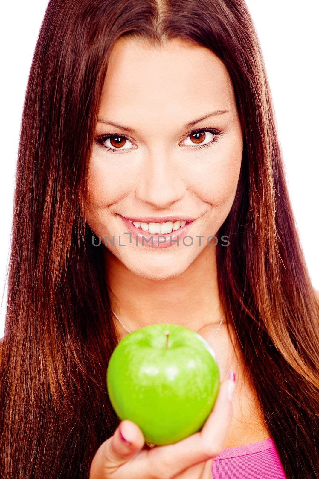 Happy woman with green apple, isolated on white