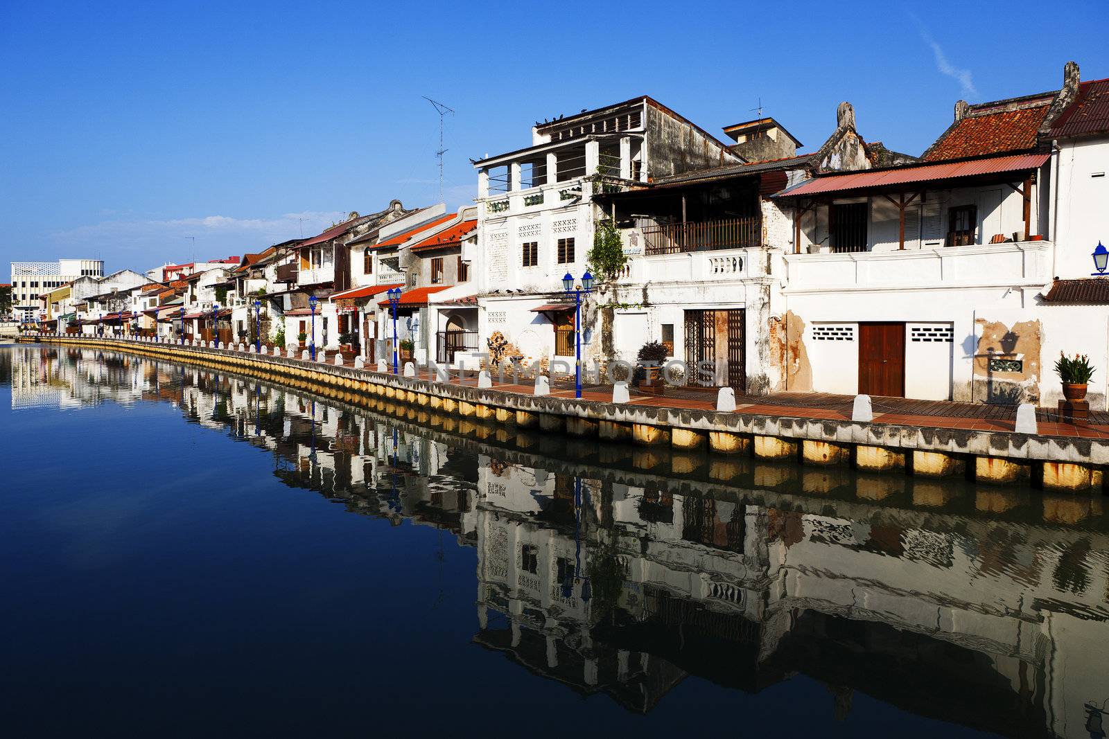 Malacca city with house near river under blue sky in Malaysia