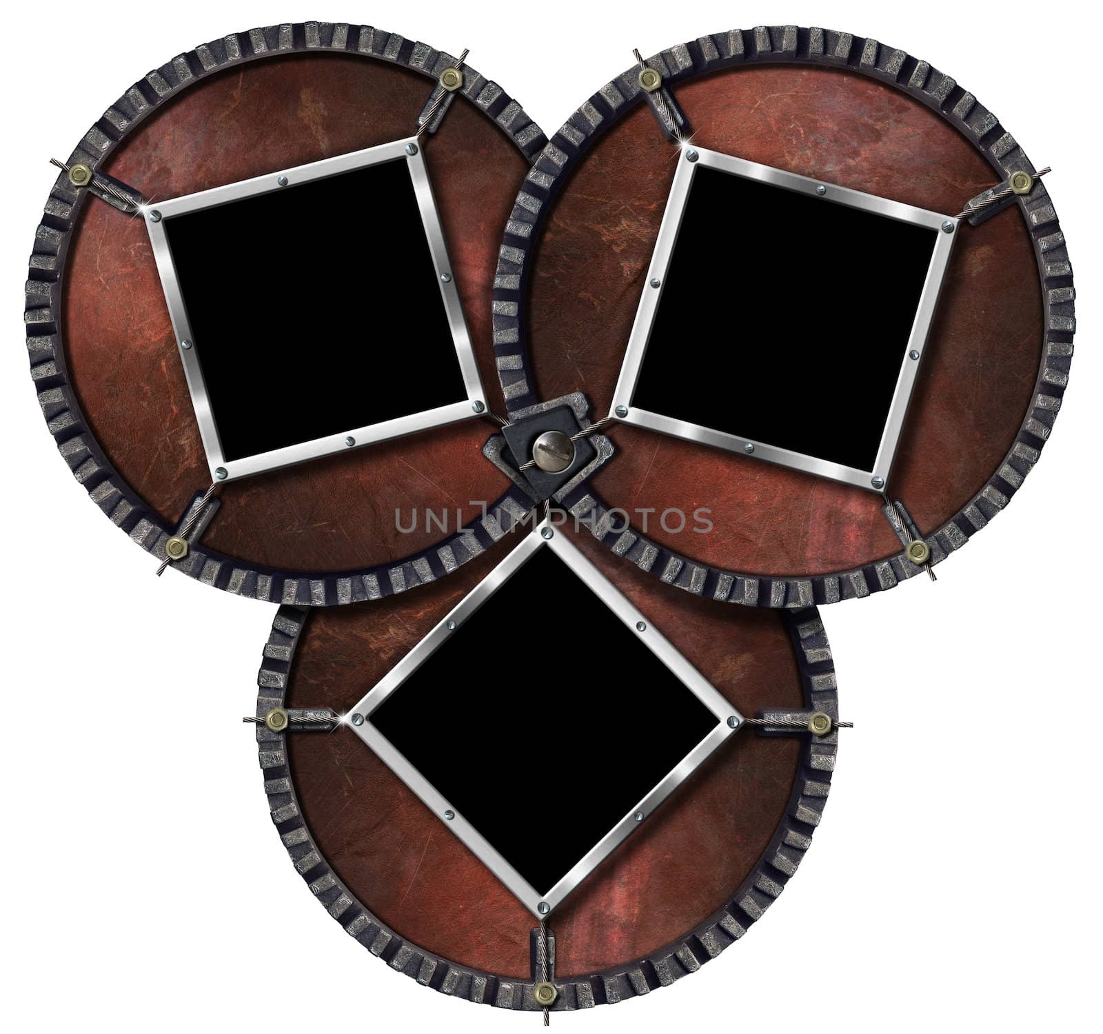 Metal frames on three circular grunge background with metal cable and bolts


