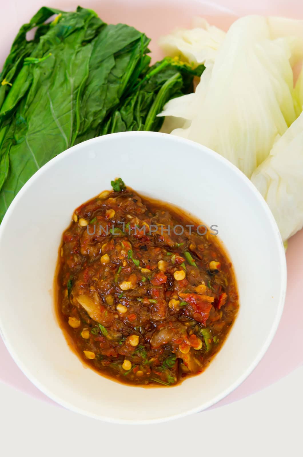 top view  chili sauce and  fresh steam vegetable