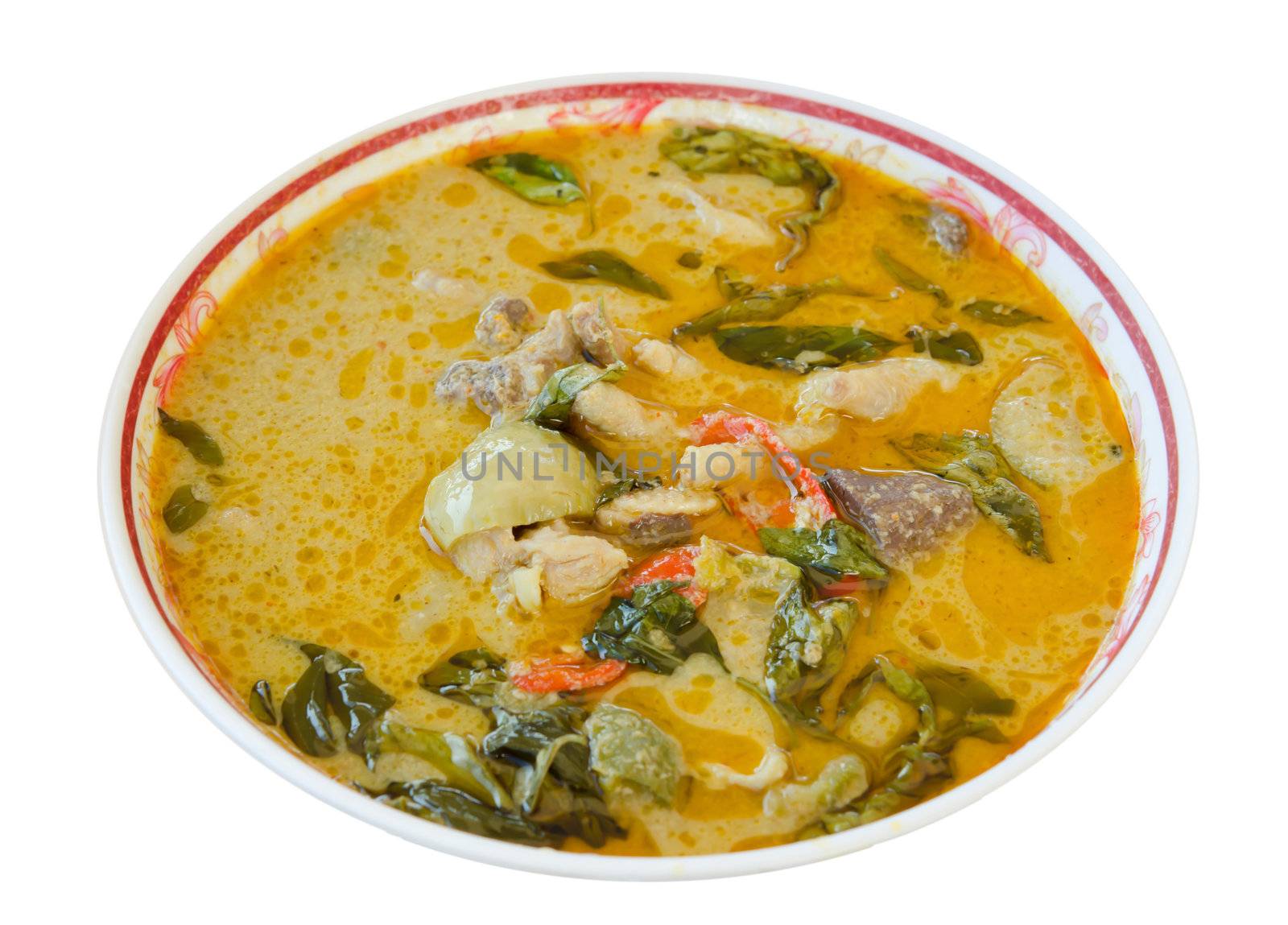 green chicken curry in bowl on white  background 