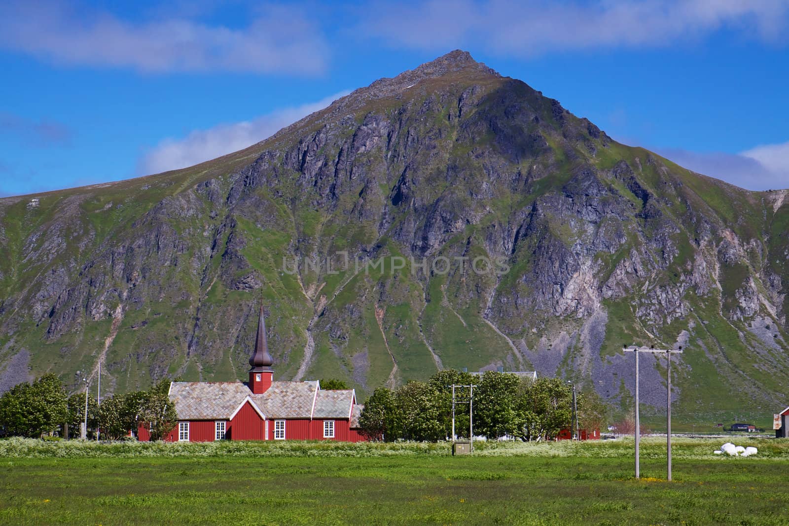 Picturesque church in village Flakstad on Lofoten islands in Norway