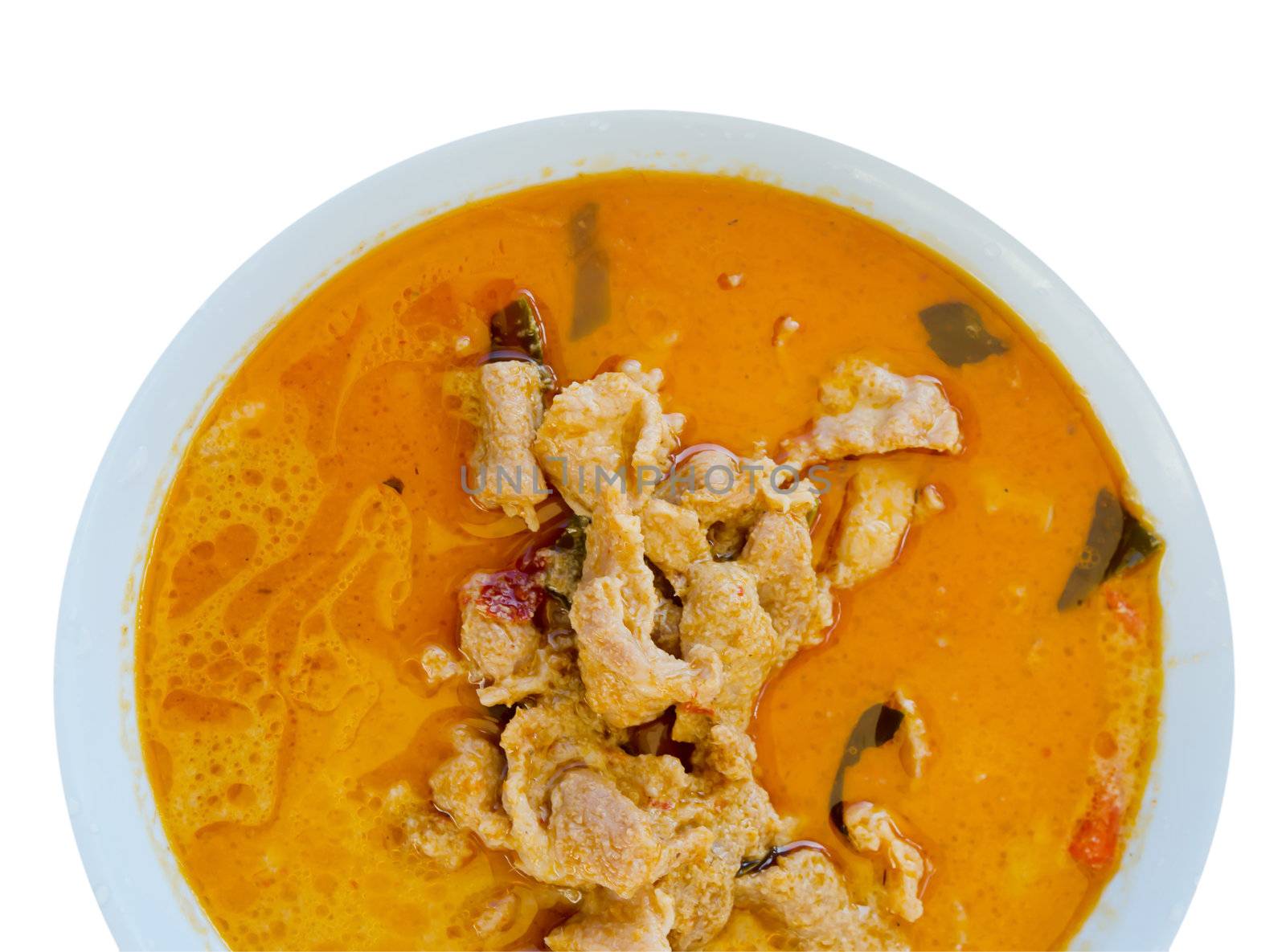 top view pork in ground peanut-coconut cream curry  on white  background