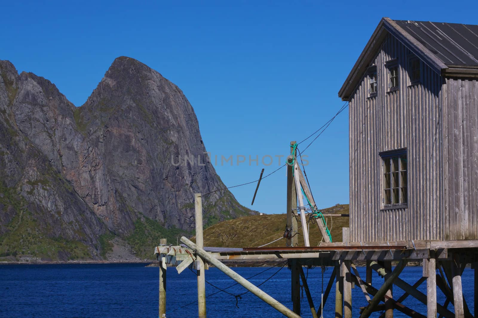 Old fishing port by the fjord on Lofoten islands in Norway