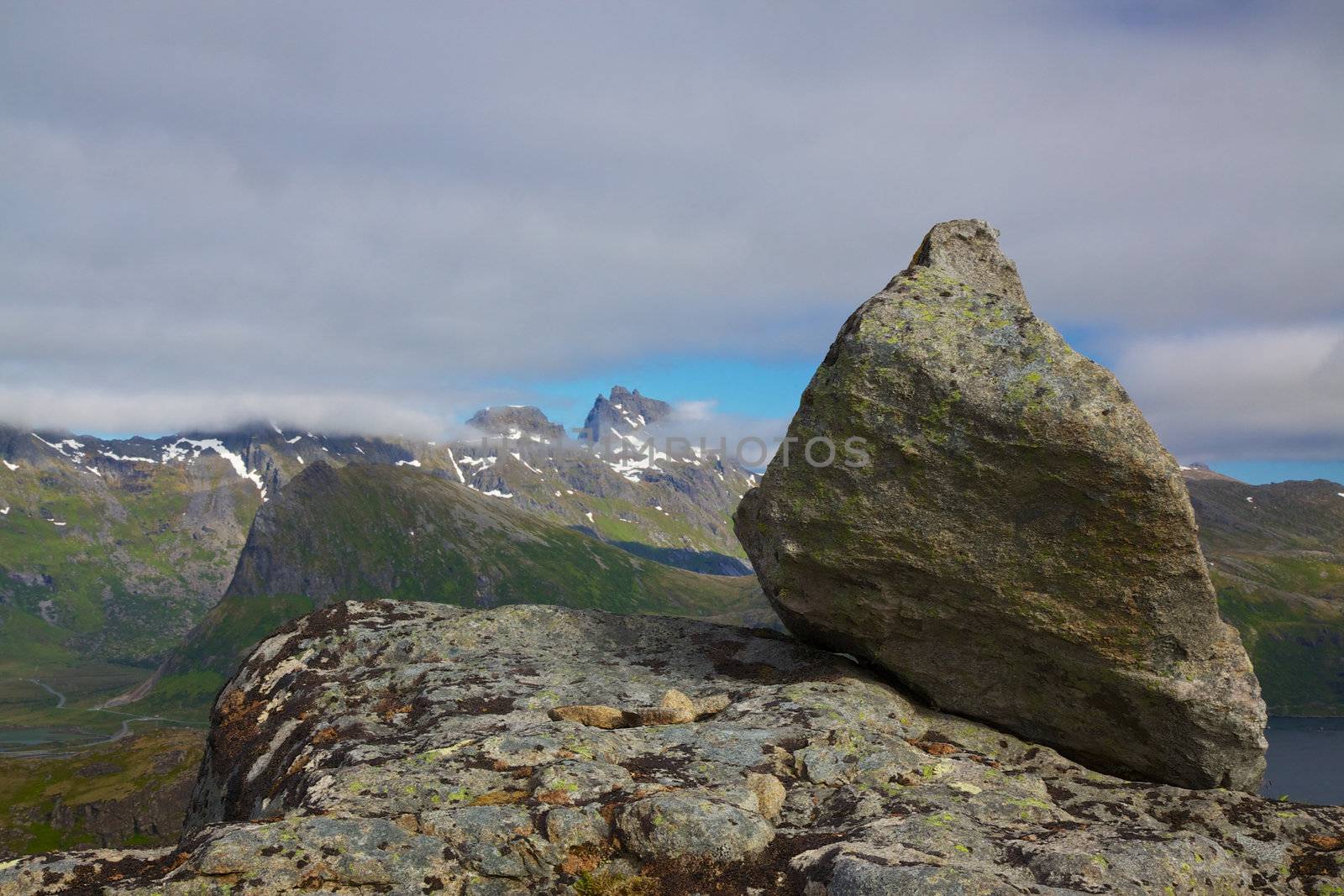 Loose rock on mountain summit, Lofoten islands, Norway