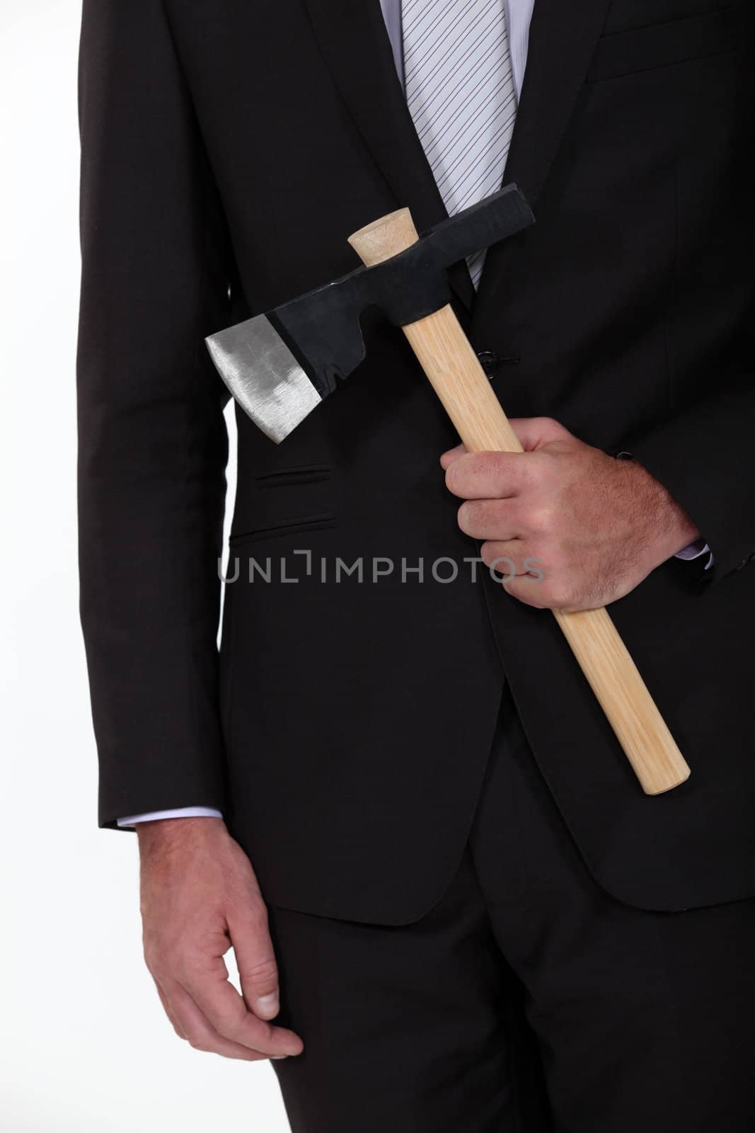 hand of man in suit holding axe by phovoir