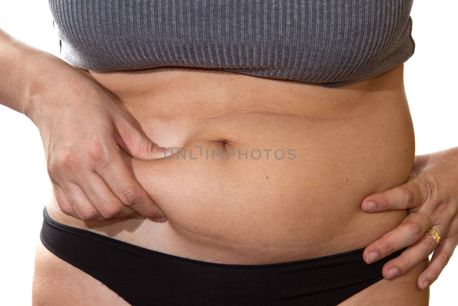 Woman's fingers measuring her belly fat by lsantilli