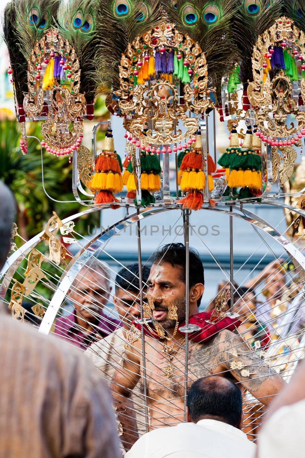 Devotee carrying a kavadi at Thaipusam in Singapore EDITORIAL US by 3523Studio