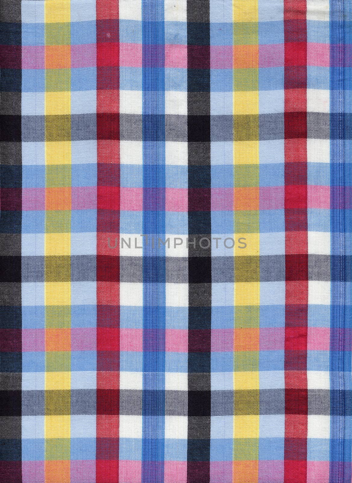 Blue, red, black and yellow square fabric pattern background 