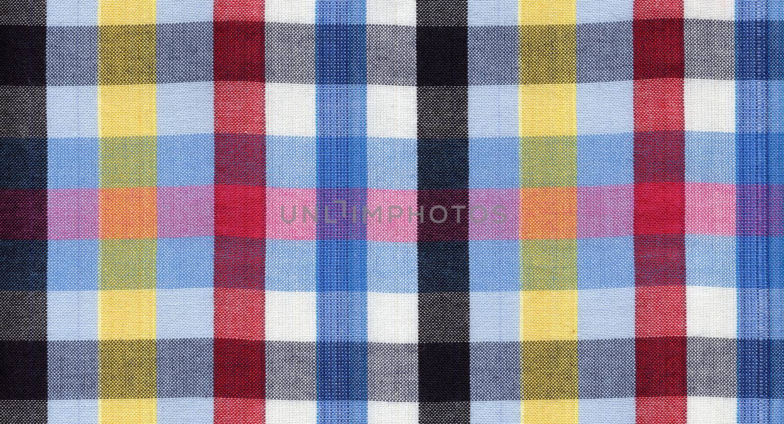 Blue, red, black and yellow square fabric pattern background 