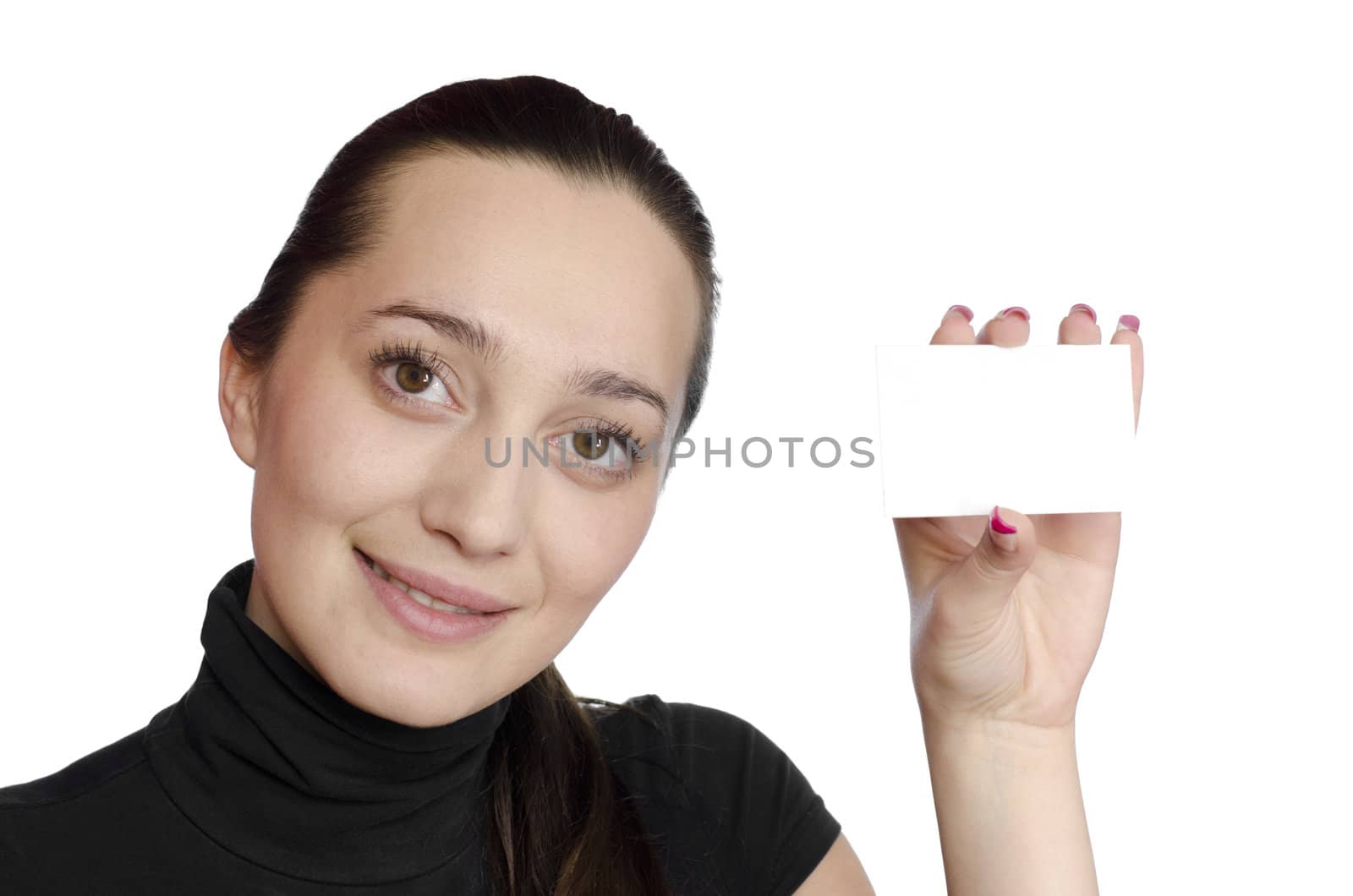 young girl smiling holding a business card on white background
