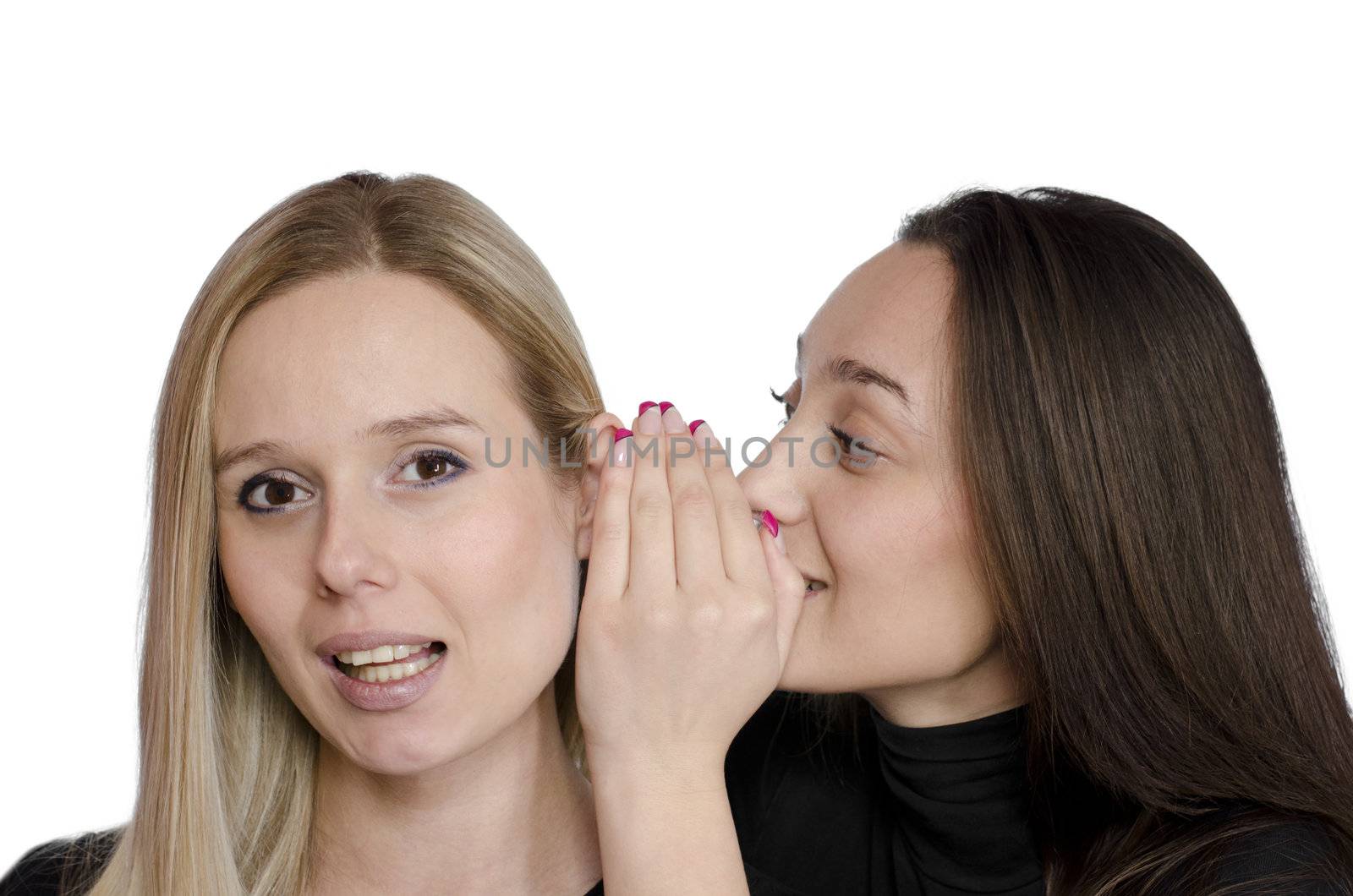 one girl whispering in another’s girl ear on white background