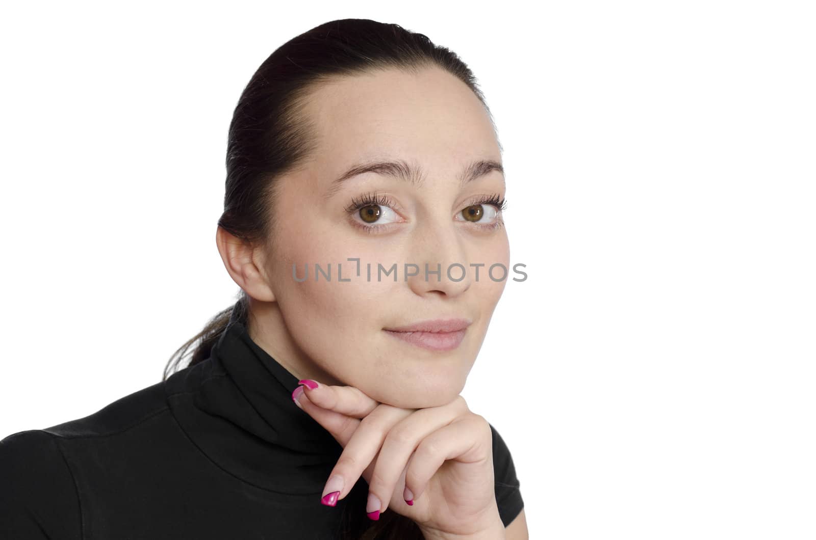 portrait of a beautiful brunette smiling with one hand beneath her chin on white background