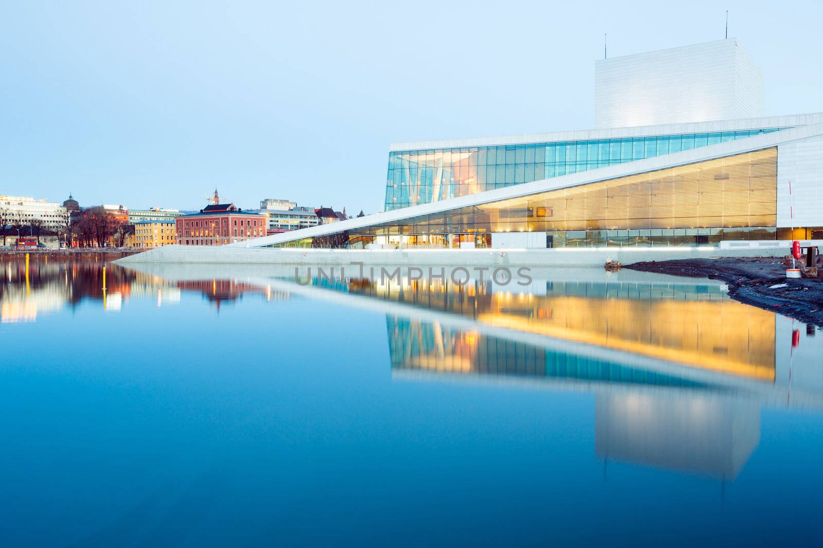 Oslo Opera House shine at dusk, morning twilight,  Norway