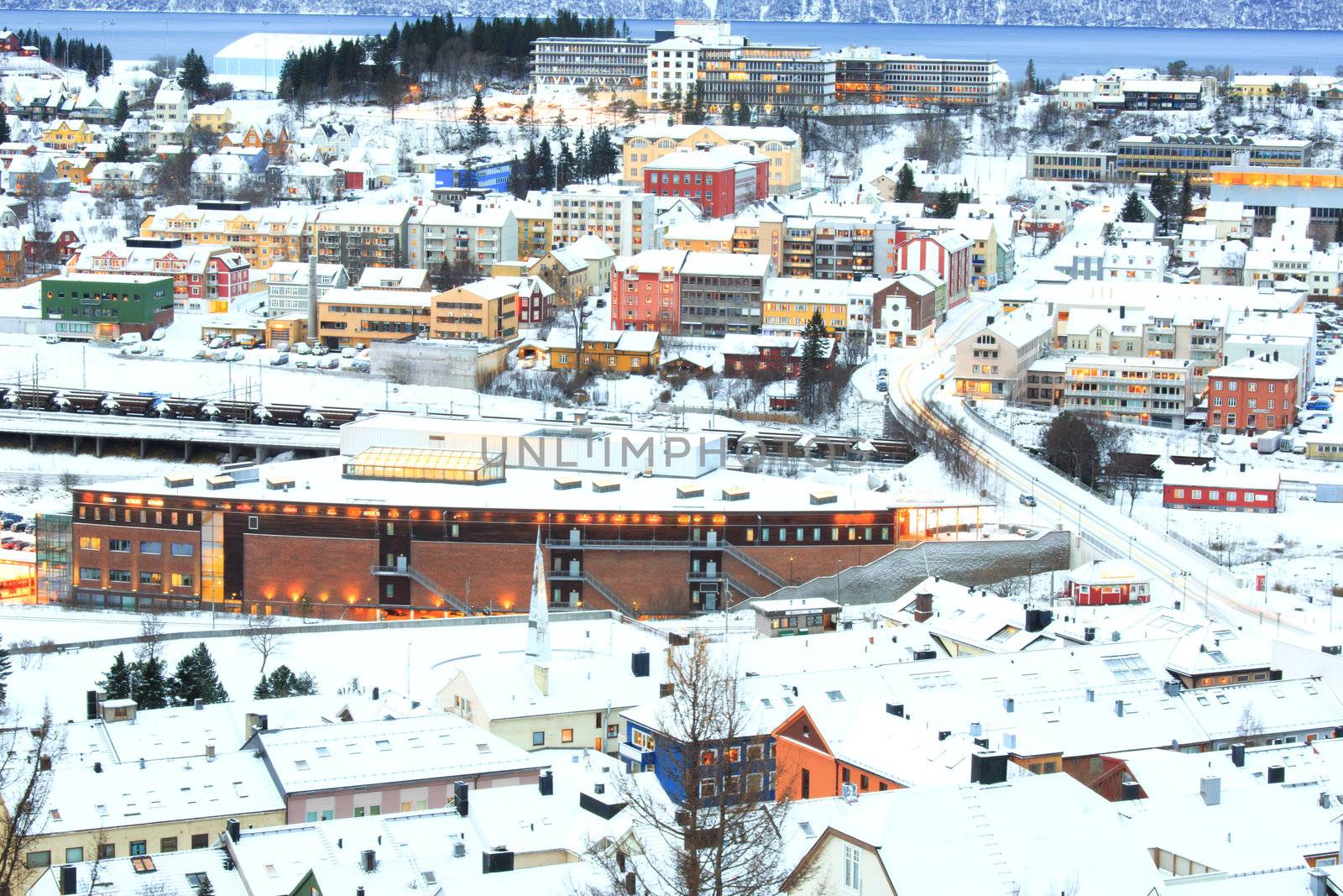 Aerial view of Narvik Cityscape at dusk Norway