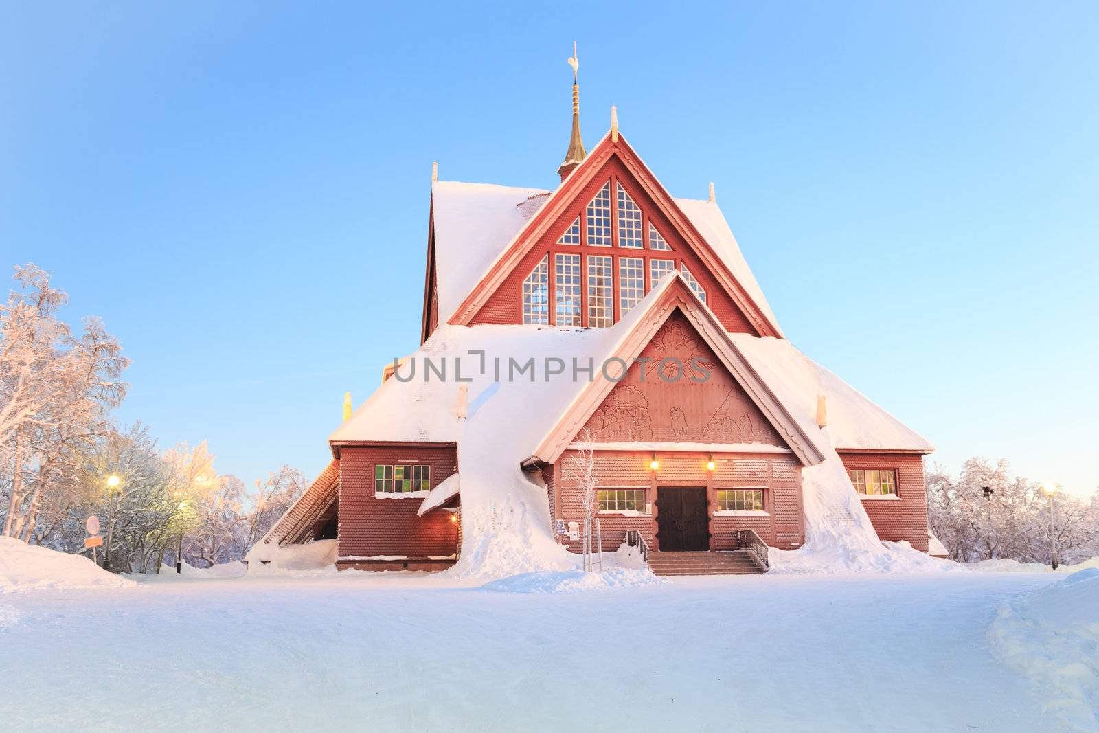 Kiruna cathedral church Architecture Sweden at dusk twilight with star trail
