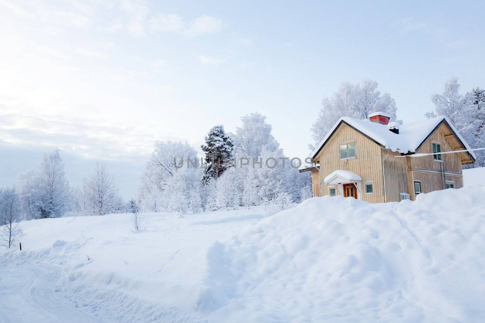 Winter landscape with house at Kiruna Sweden Lapland