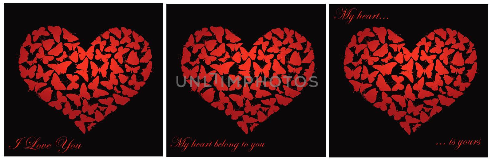 Hearts made of  butterflies on black. Valentine's Day design. eps 8